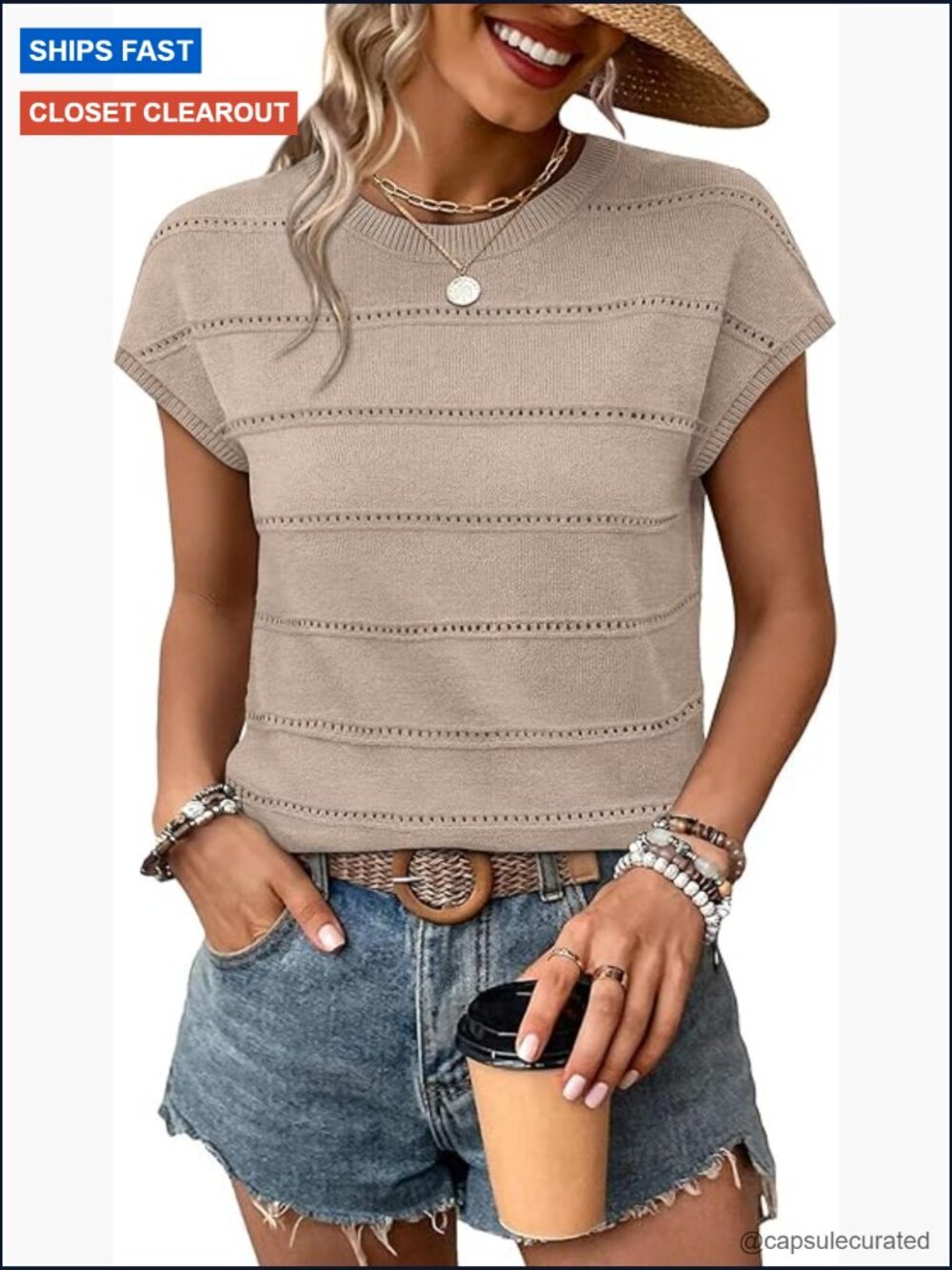 Lightweight Cap Sleeve Sweater, Hollow Out Knit Pullover, Spring Summer Tops,